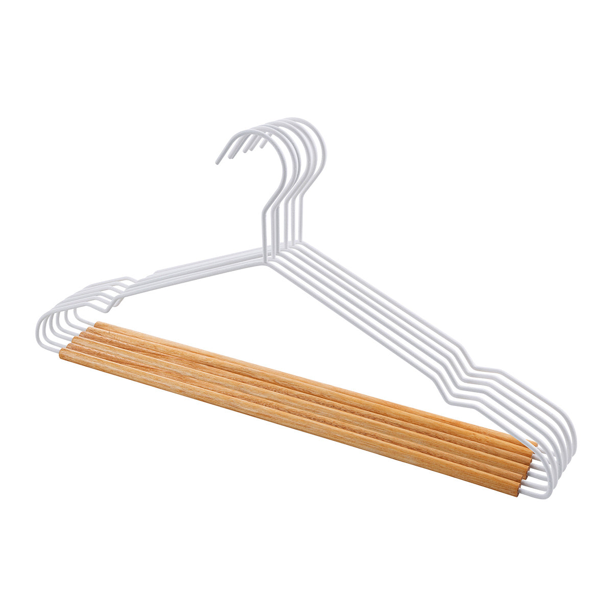 Ganchos metálicos para ropa con base de madera PERFECT SPACE. | Set de 6 piezas.