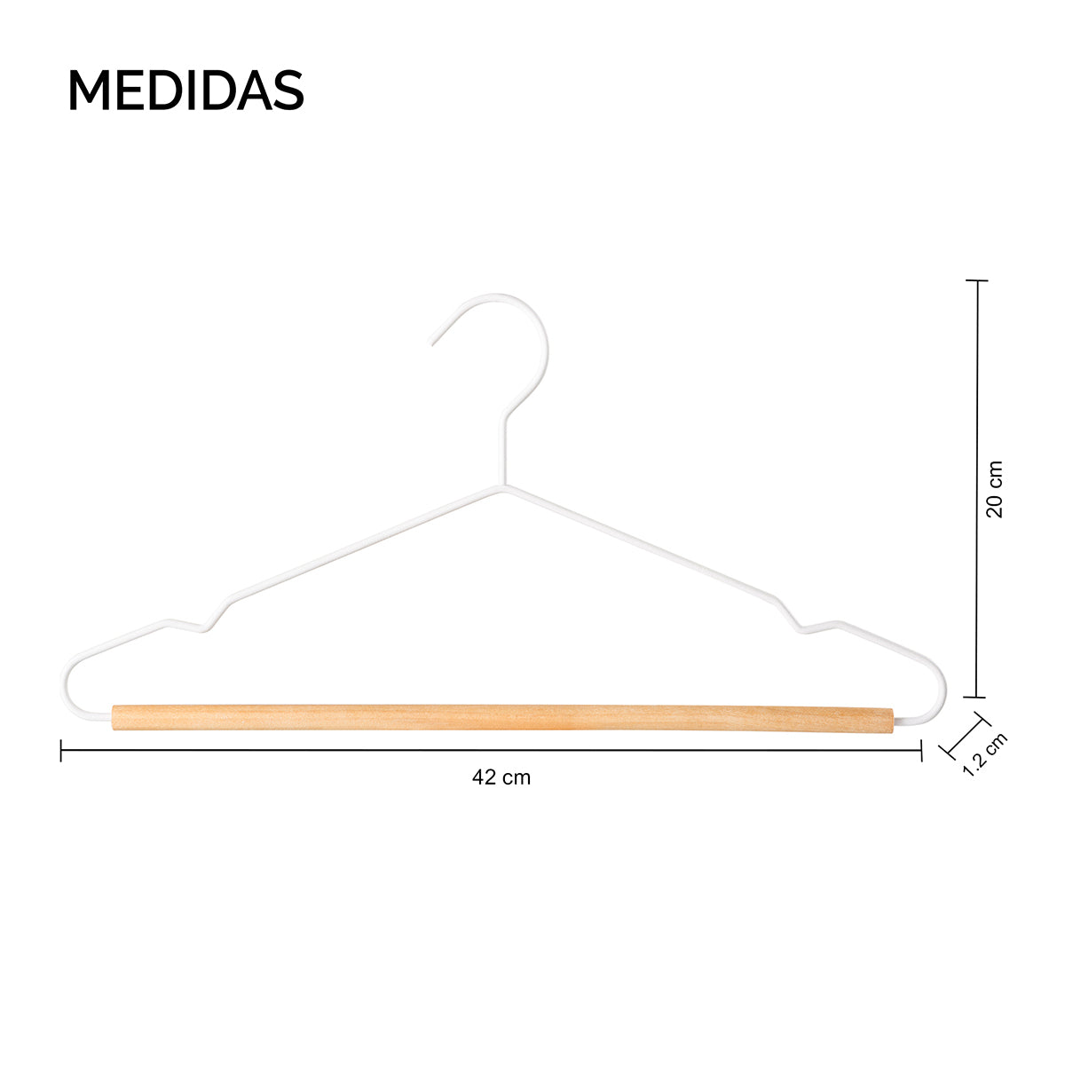 Ganchos metálicos para ropa con base de madera PERFECT SPACE. | Set de 6 piezas.