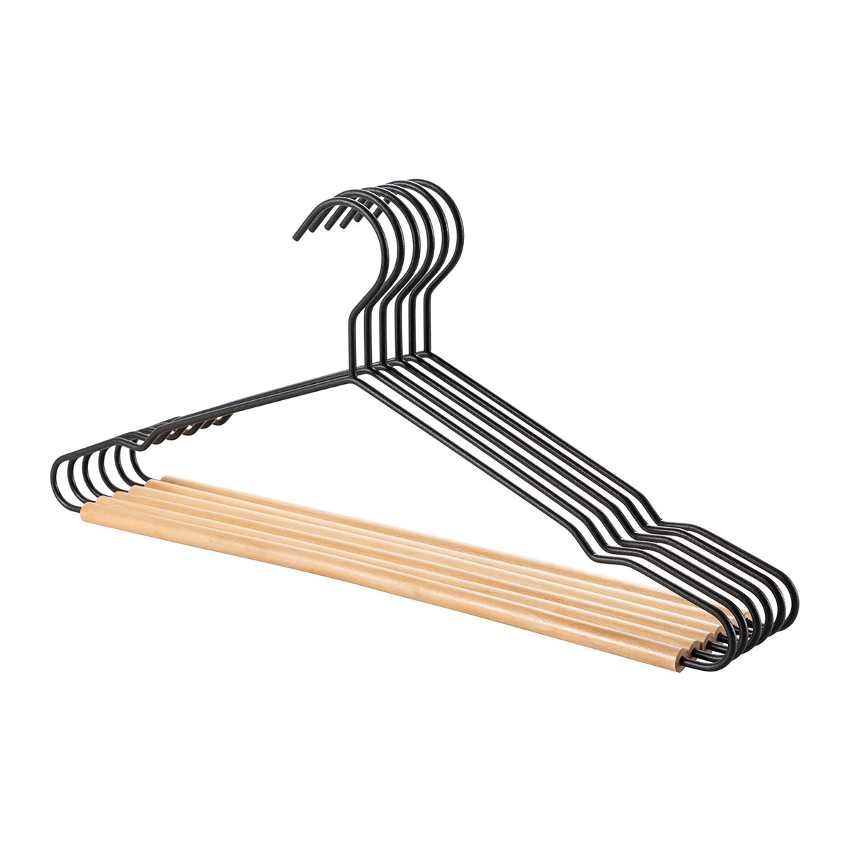 Ganchos metálicos para ropa con base de madera PERFECT SPACE. | Set de 6 piezas.