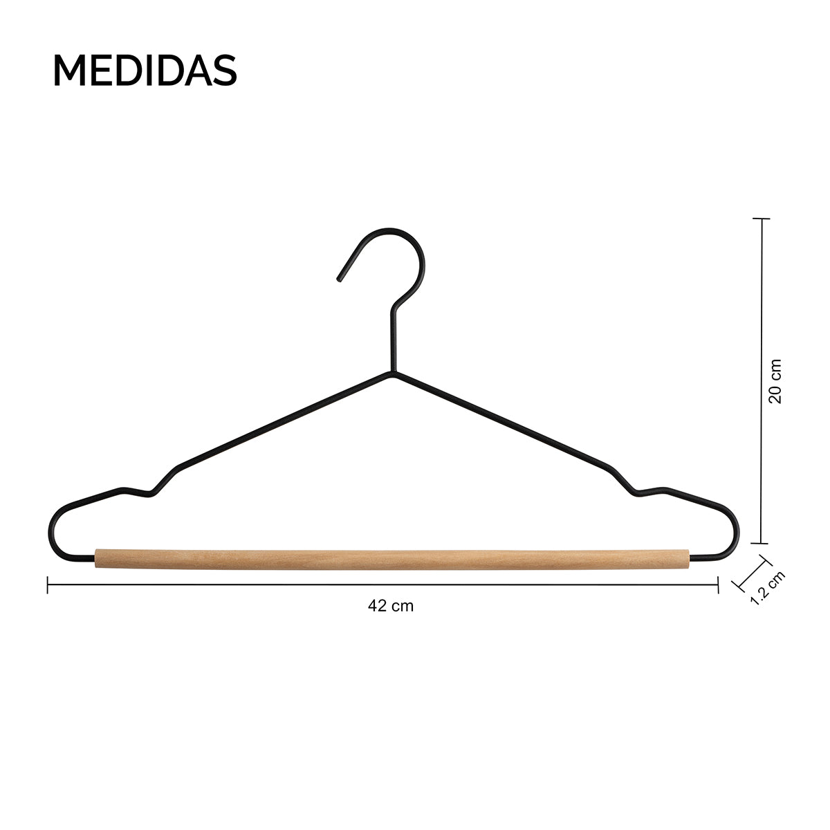 Ganchos metálicos para ropa con base de madera PERFECT SPACE. | Set de 6 piezas.