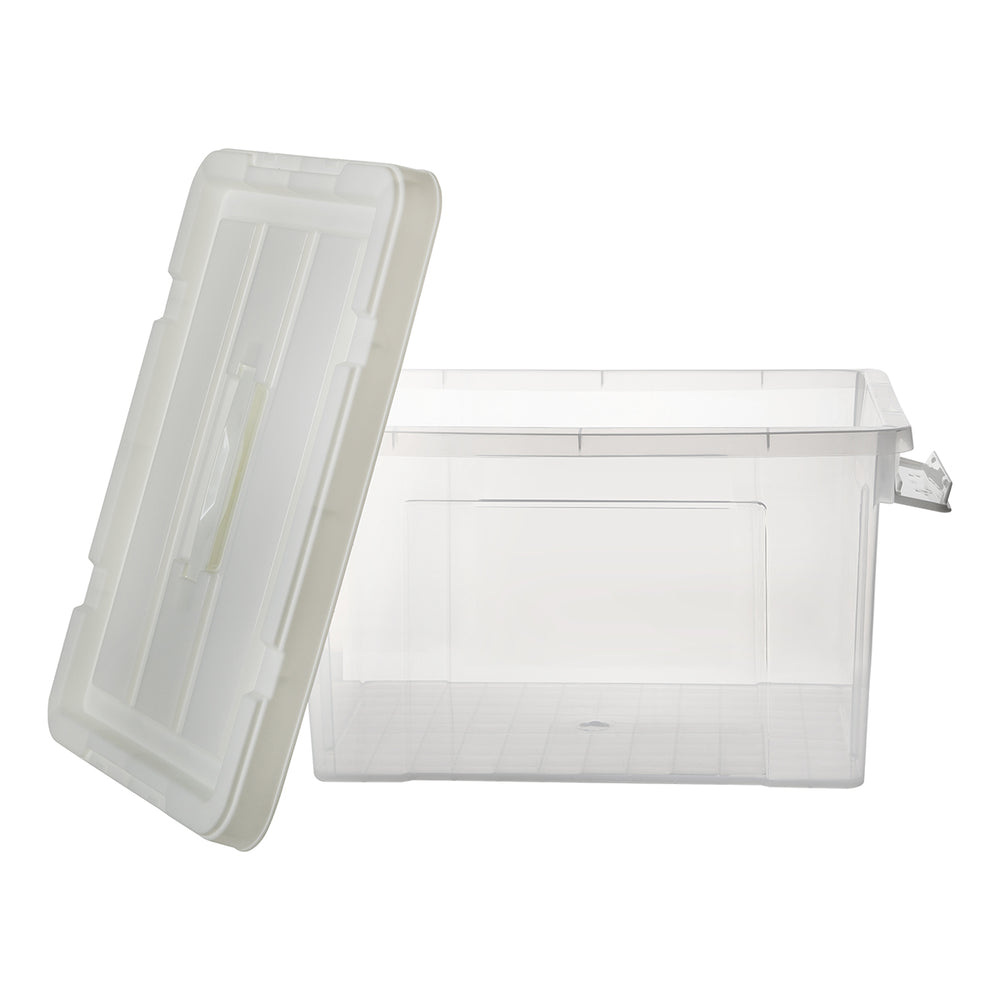 
                  
                    "Caja de almacenamiento con tapa y asas de seguridad Transparente Cap 25 L."
                  
                