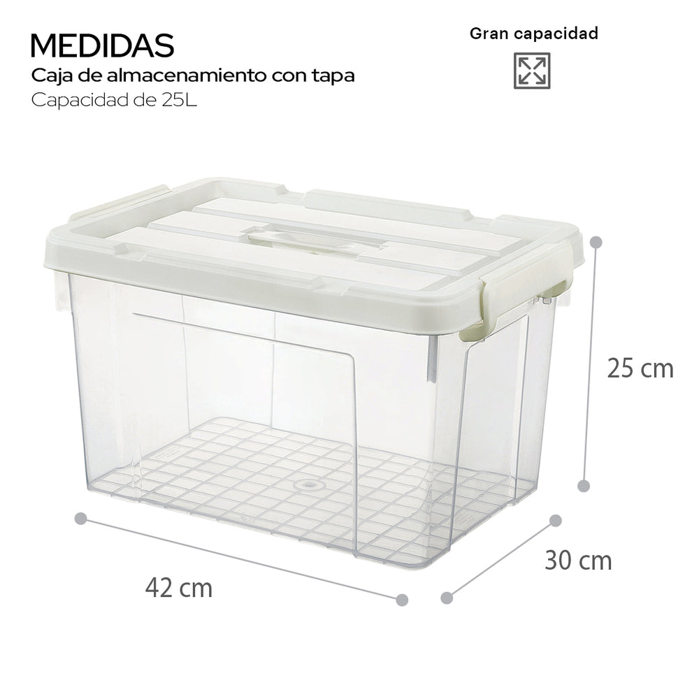 "Caja de almacenamiento con tapa y asas de seguridad Transparente Cap 25 L."