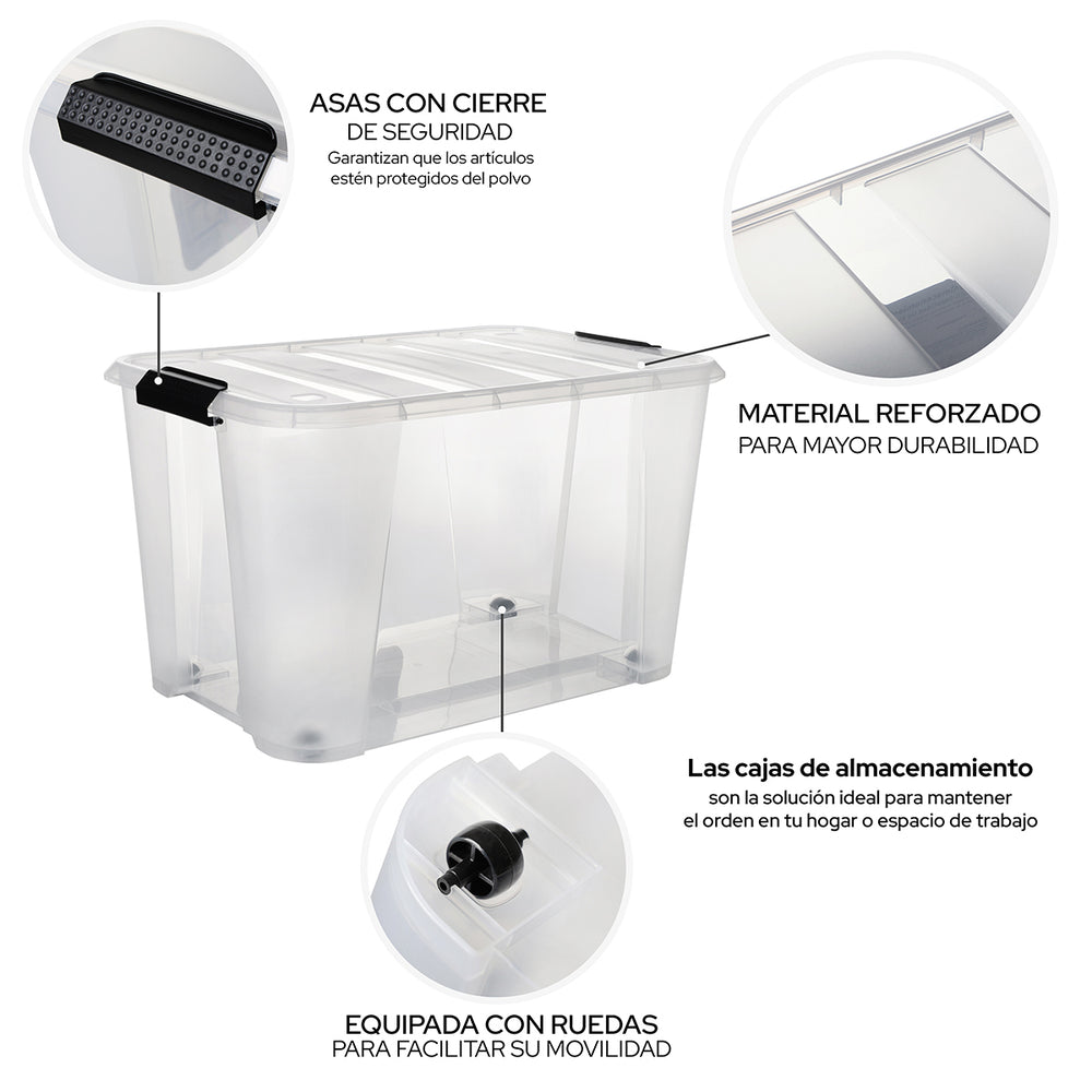 
                  
                    "Caja de almacenamiento con ruedas y tapa con asas de seguridad Transparente Cap 32 L."
                  
                