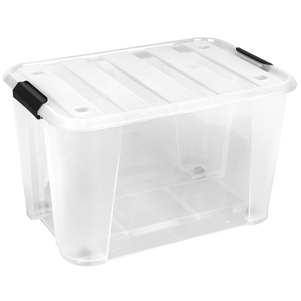 
                  
                    "Caja de almacenamiento con ruedas y tapa con asas de seguridad Transparente Cap 32 L."
                  
                