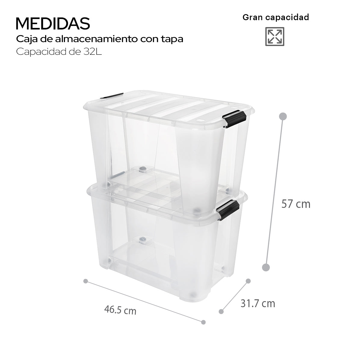 "Caja de almacenamiento con ruedas y tapa con asas de seguridad Transparente Cap 32 L."