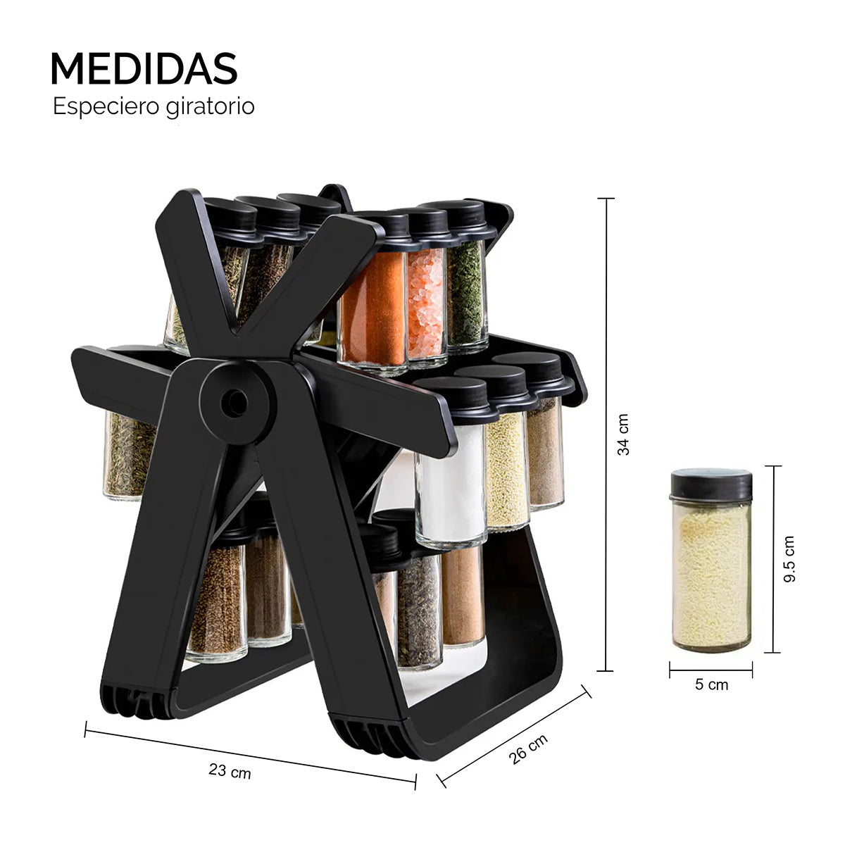 Especiero giratorio DEUS KITCHEN | 18 frascos, etiquetas y embudo.