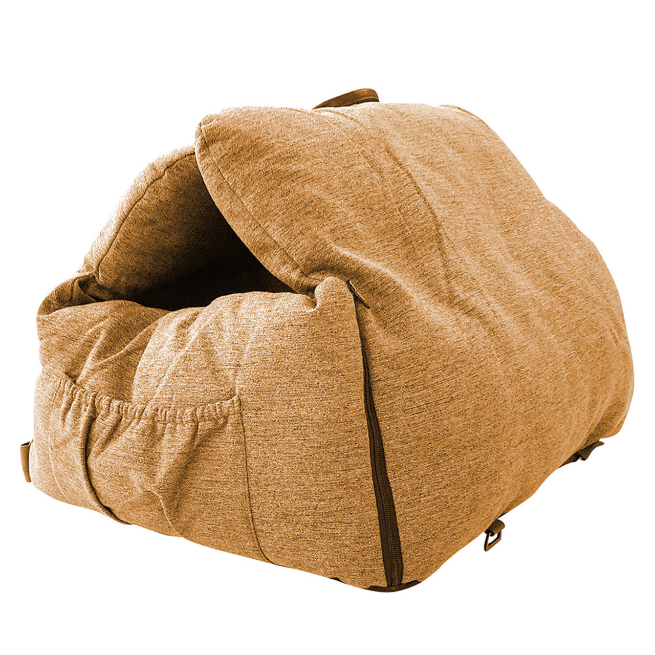 Asiento de viaje para mascota 2 en 1 color beige totalmente armado y estructurado mostrando su diseño acolchado sobre fondo blanco