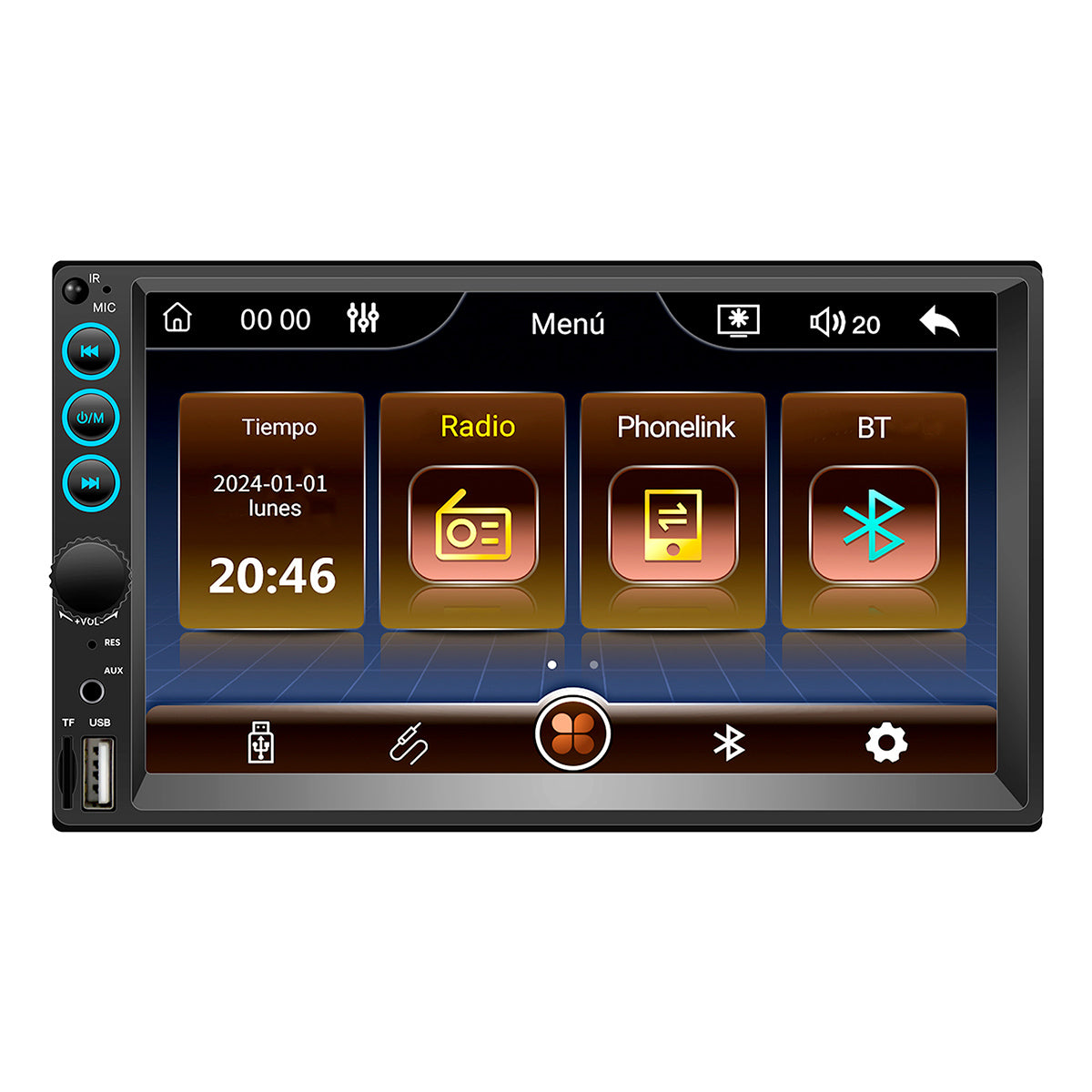 Autoestéreo con pantalla touch de 7 pulgadas en alta resolución y conectividad Bluetooth sobre fondo blanco
