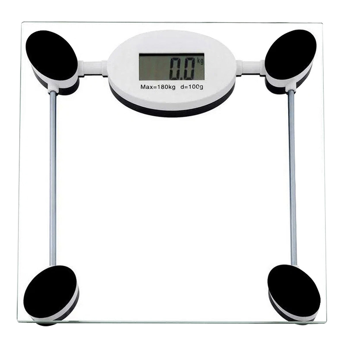 Bascula digital de baño con plataforma de vidrio templado en color blanco brillante y pantalla LED sobre fondo blanco de Lo Necesito