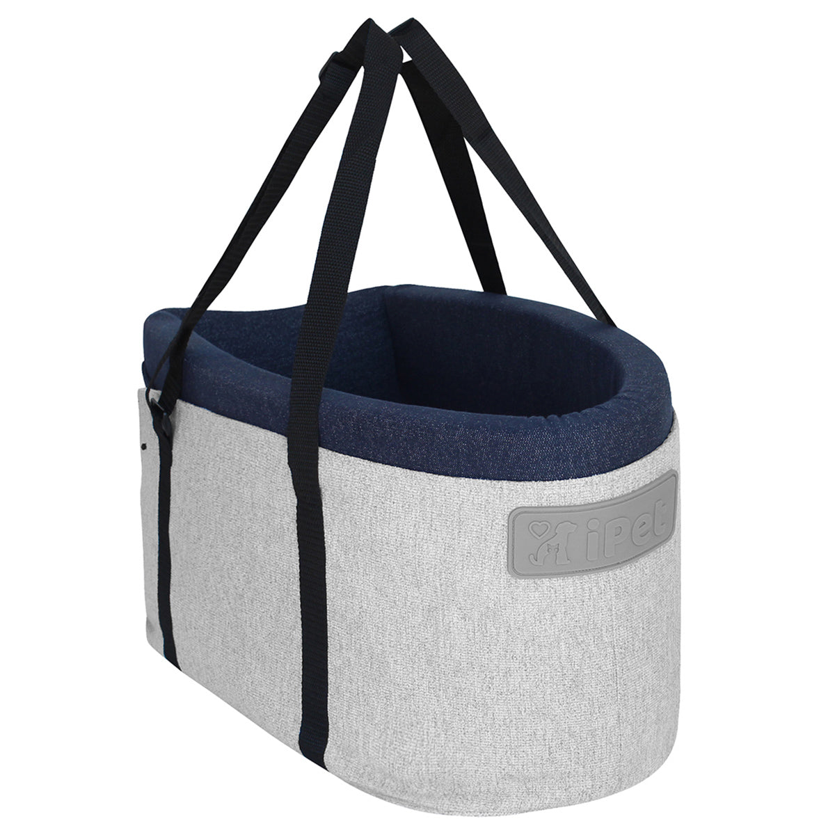 Bolso transportador para mascotas color gris con diseño expandible de doble ala sobre fondo blanco
