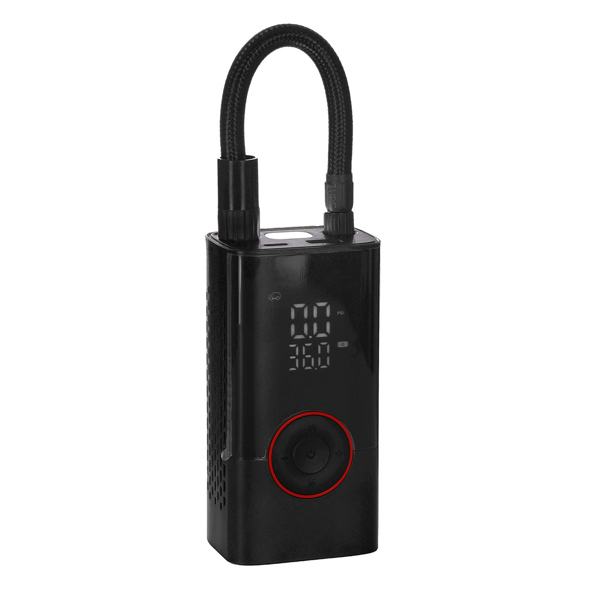 Bomba infladora elEctrica portátil en color negro con diseño compacto y pantalla digital de control AG Box sobre fondo blanco