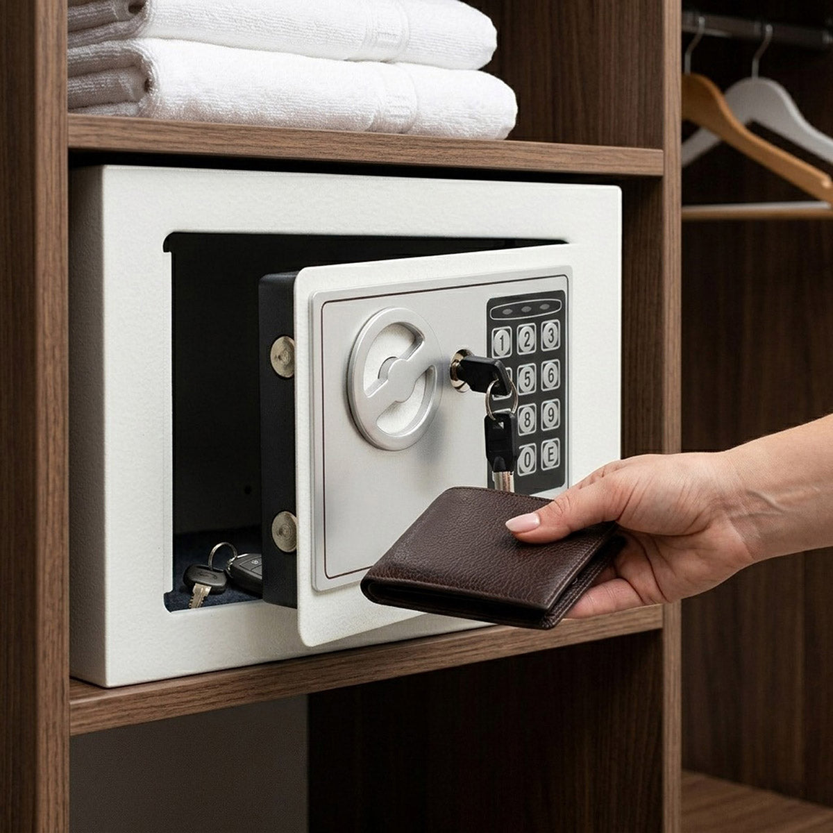 Caja de seguridad pequeña blanca instalada de forma discreta en el interior de un closet