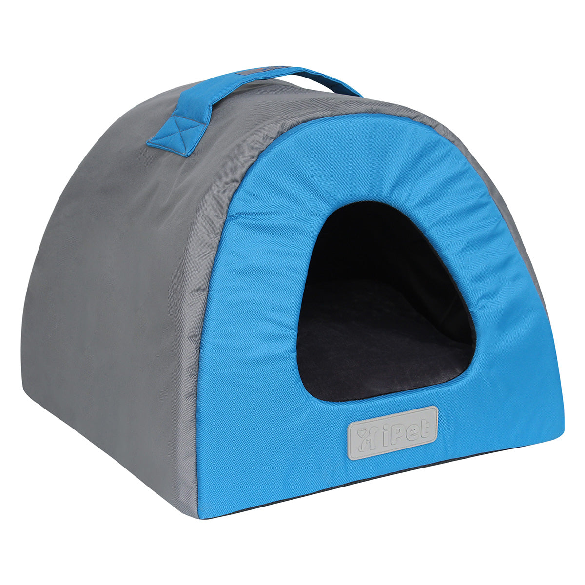 Cama iglu para mascota en color azul y gris sobre un fondo blanco impecable de Lo Necesito