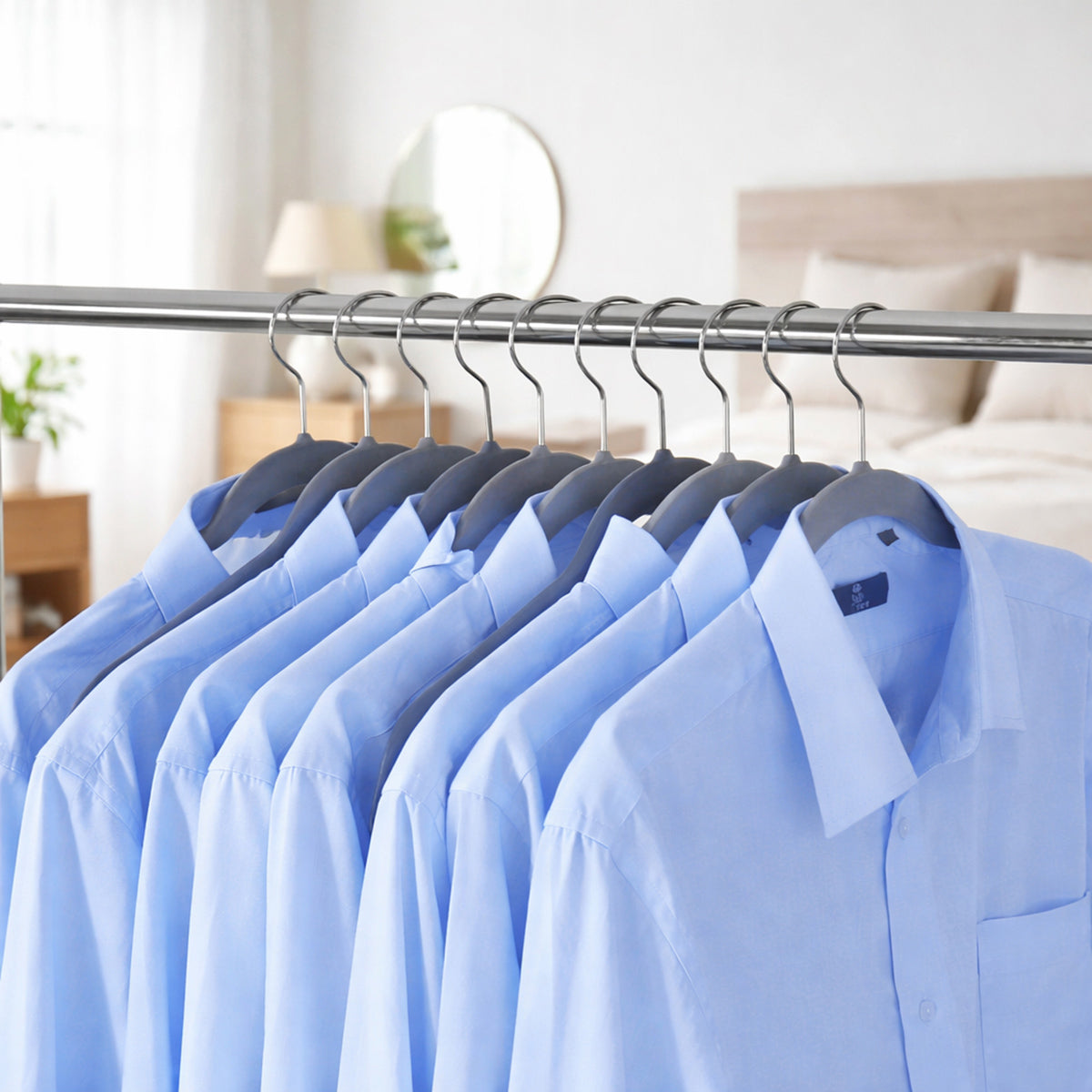 Camisas organizadas en el set de 50 perchas de terciopelo gris para maximizar el espacio en el armario Lo Necesito