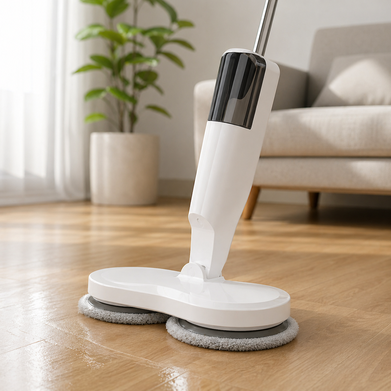 Detalle de la base del trapeador electrico con sus dos mopas de microfibra instaladas para limpieza giratoria profunda