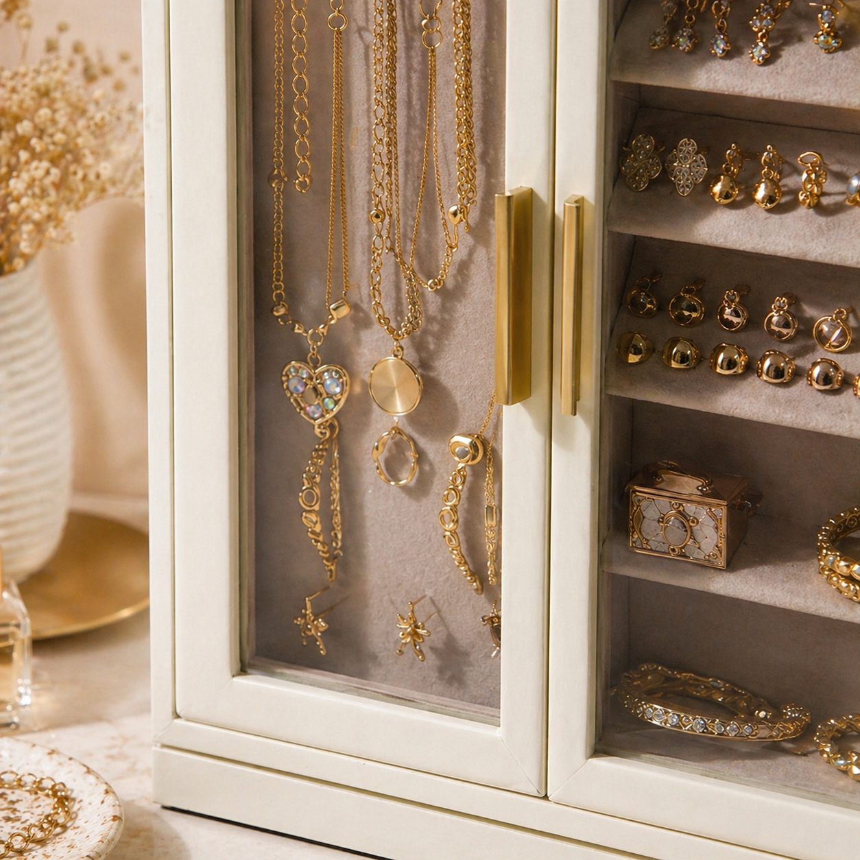 Detalle de los tiradores de apertura suave para el joyero organizador de joyas