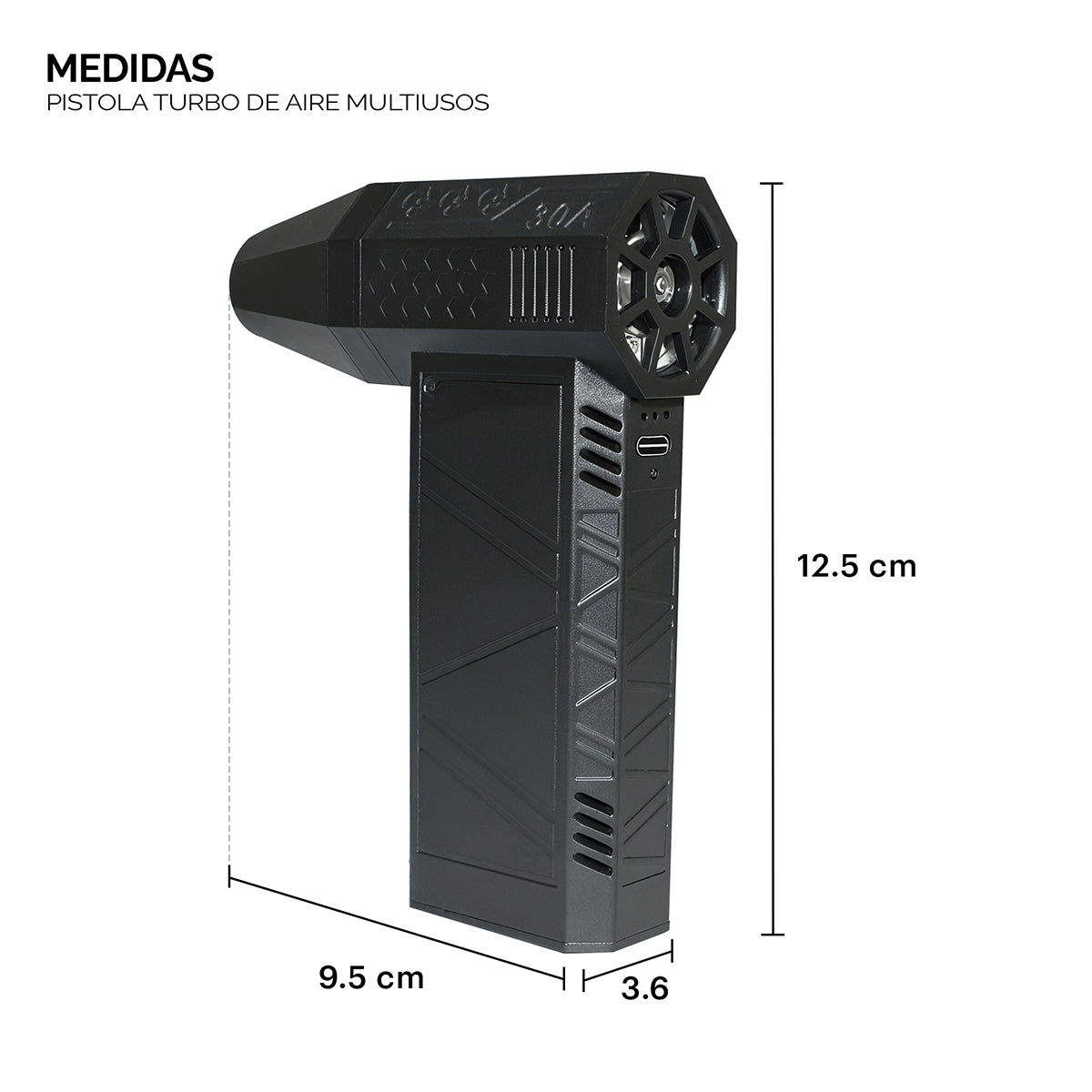 Dimensiones de la pistola turbo de aire: 14.3 cm de alto para maxima portabilidad
