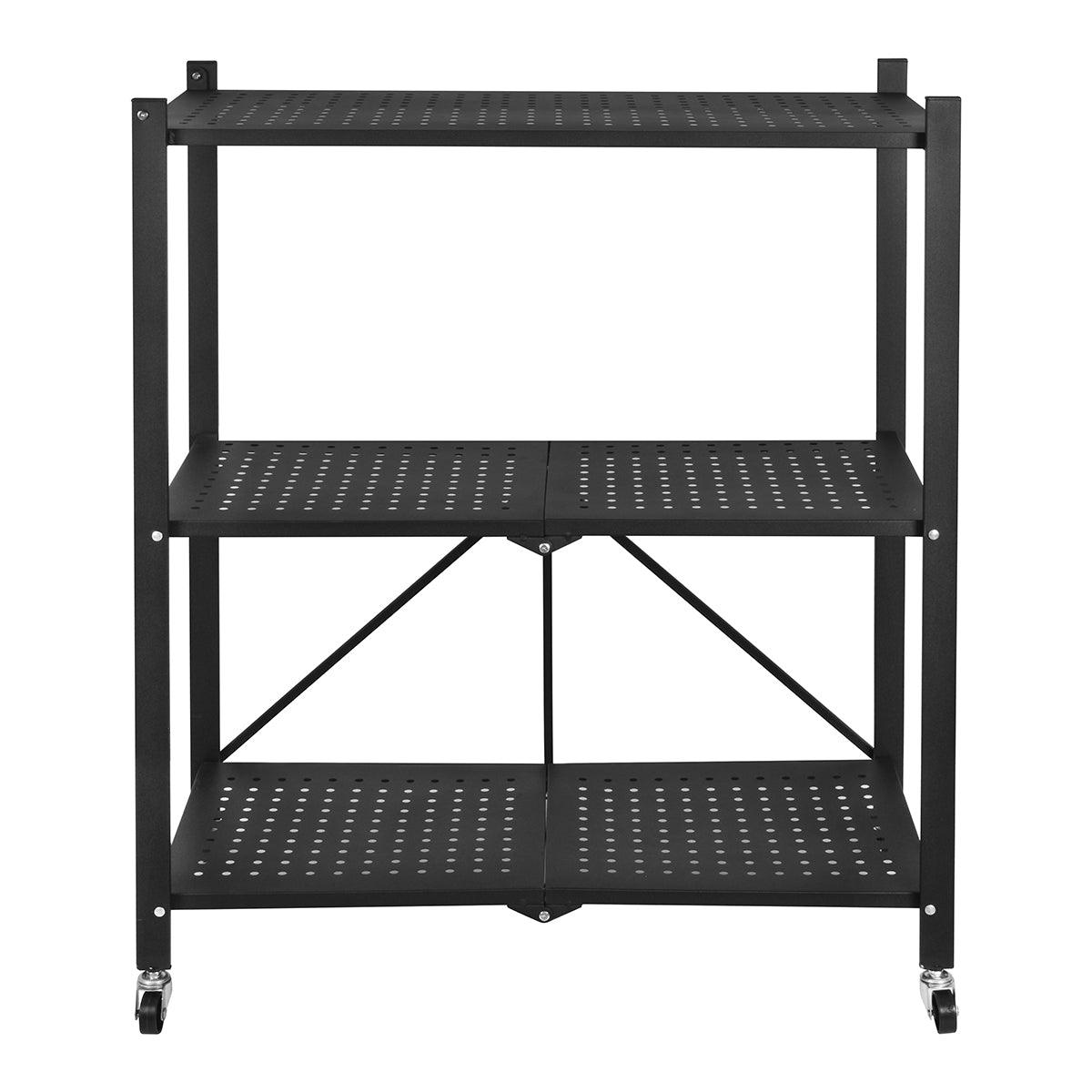 Estanteria de metal plegable de 3 niveles en color negro de Lo Necesito sobre fondo blanco, diseño moderno y resistente