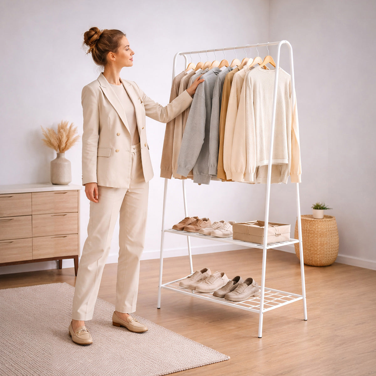 Estanteria siendo utilizado para la oganizacion de ropa y zapatos en un espacio minimalista