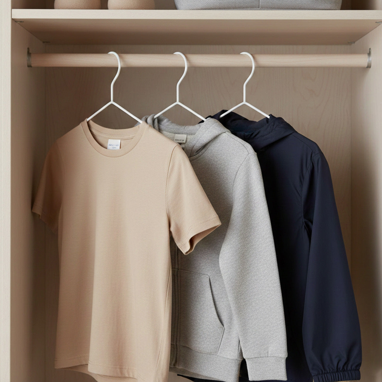 Ganchos de metal y madera en uso dentro de un closet exhibiendo abrigos y sacos perfectamente colgados sin deformarse