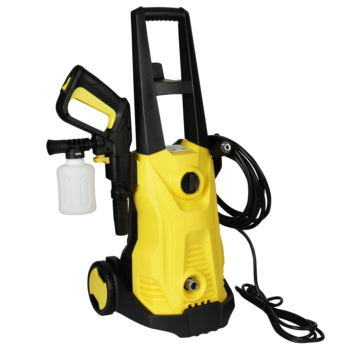 Hidrolavadora electrica de alta presion marca Lo Necesito en color amarillo diseño vertical con ruedas para limpieza profesional de autos y hogar