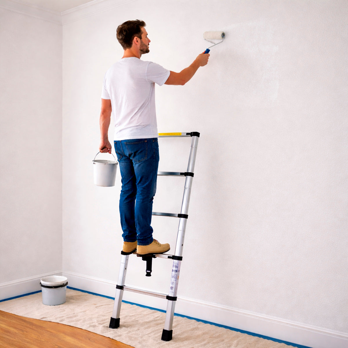 Hombre utilizando la escalera telescópica de 1.4m de Lo Necesito para pintar una pared, demostrando su firmeza y facilidad de uso en el hogar