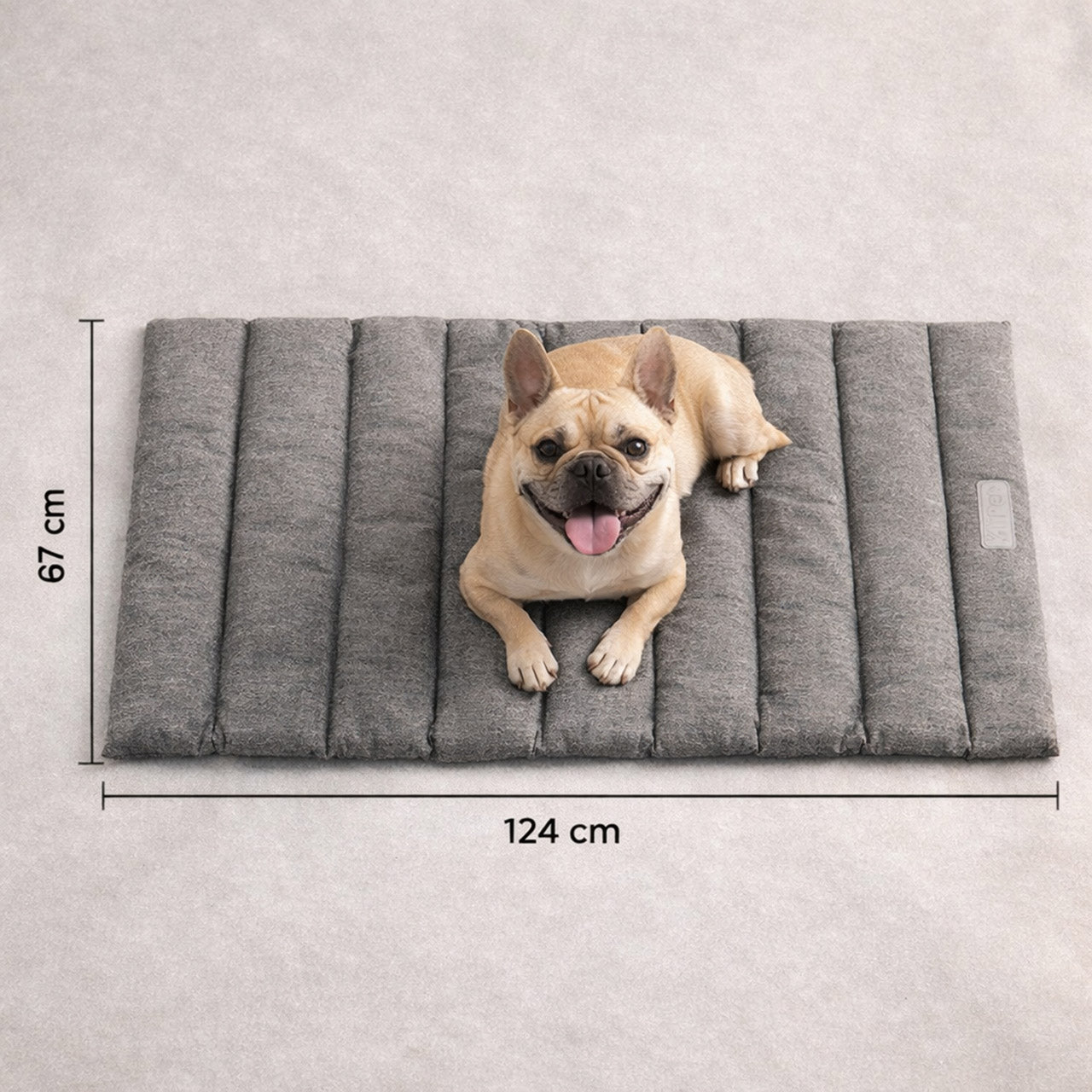 Infografía con las dimensiones de la colchoneta para mascota: 124 cm x 67 cm desplegada y su tamaño compacto al estar enrollada para viaje