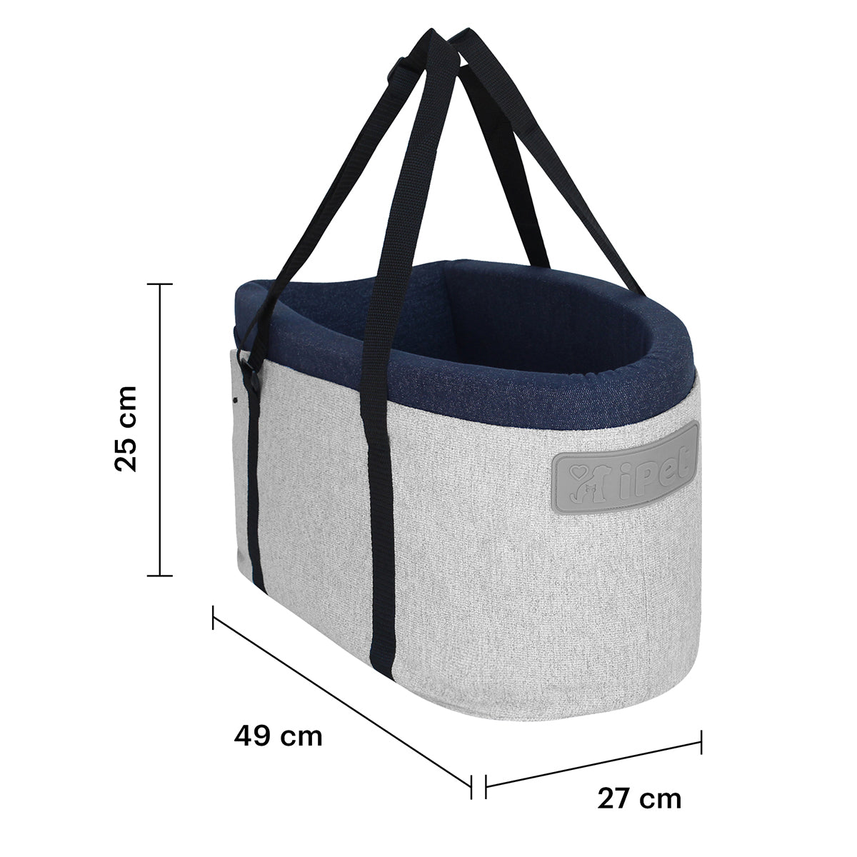 Infografía con las dimensiones del bolso Lo Necesito: 49x27x25 cm y su capacidad de expansión lateral