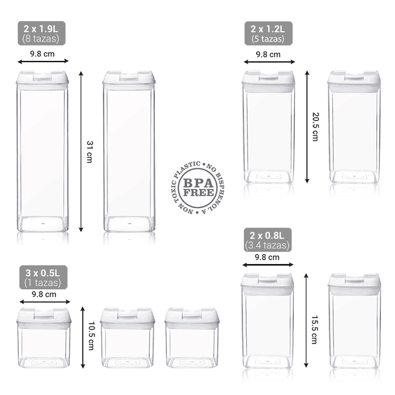 Infografía con las dimensiones y capacidades de los 9 recipientes herméticos: desde 1.9L hasta 0.5L