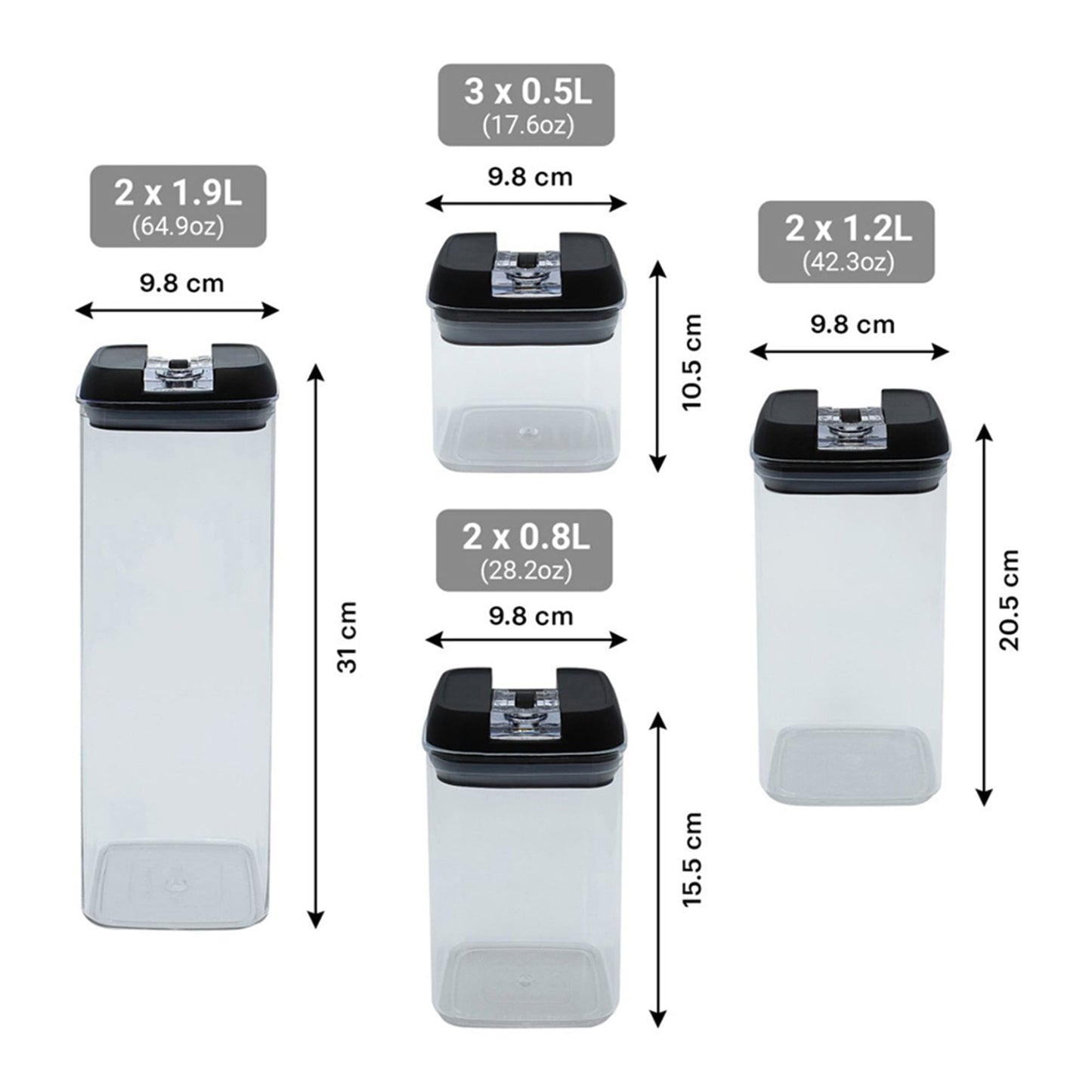 Infografía con medidas y capacidades del set de 7 contenedores tapa negra: 1.9L, 1.2L, 0.8L y 0.5L