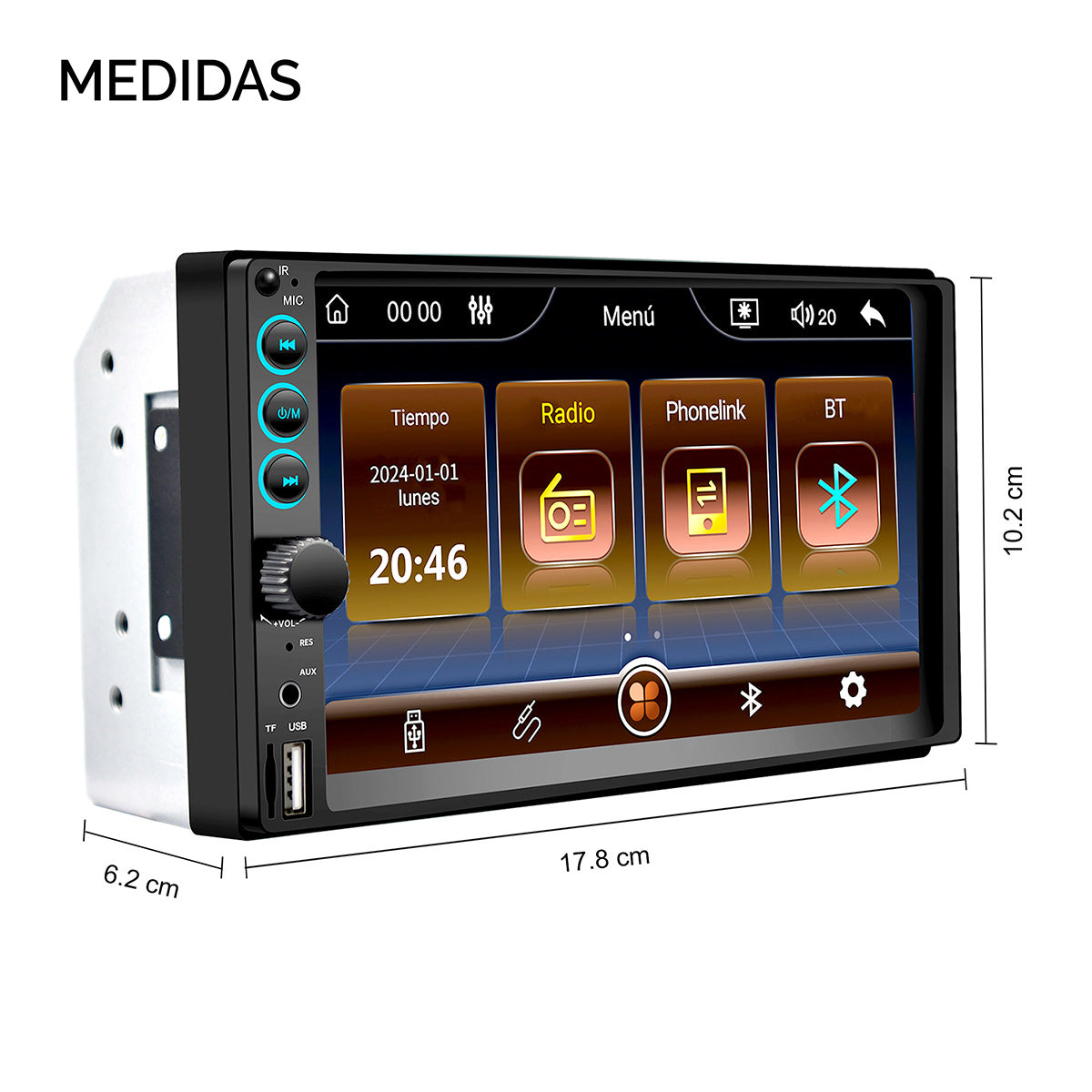 Infografía técnica con las medidas exactas del autoestéreo de 7 pulgadas para instalación estándar Doble Din