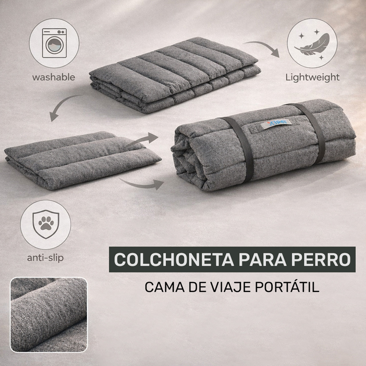 Infografía con las dimensiones de la colchoneta Lo Necesito: 124x67 cm desplegada y su forma compacta enrollada