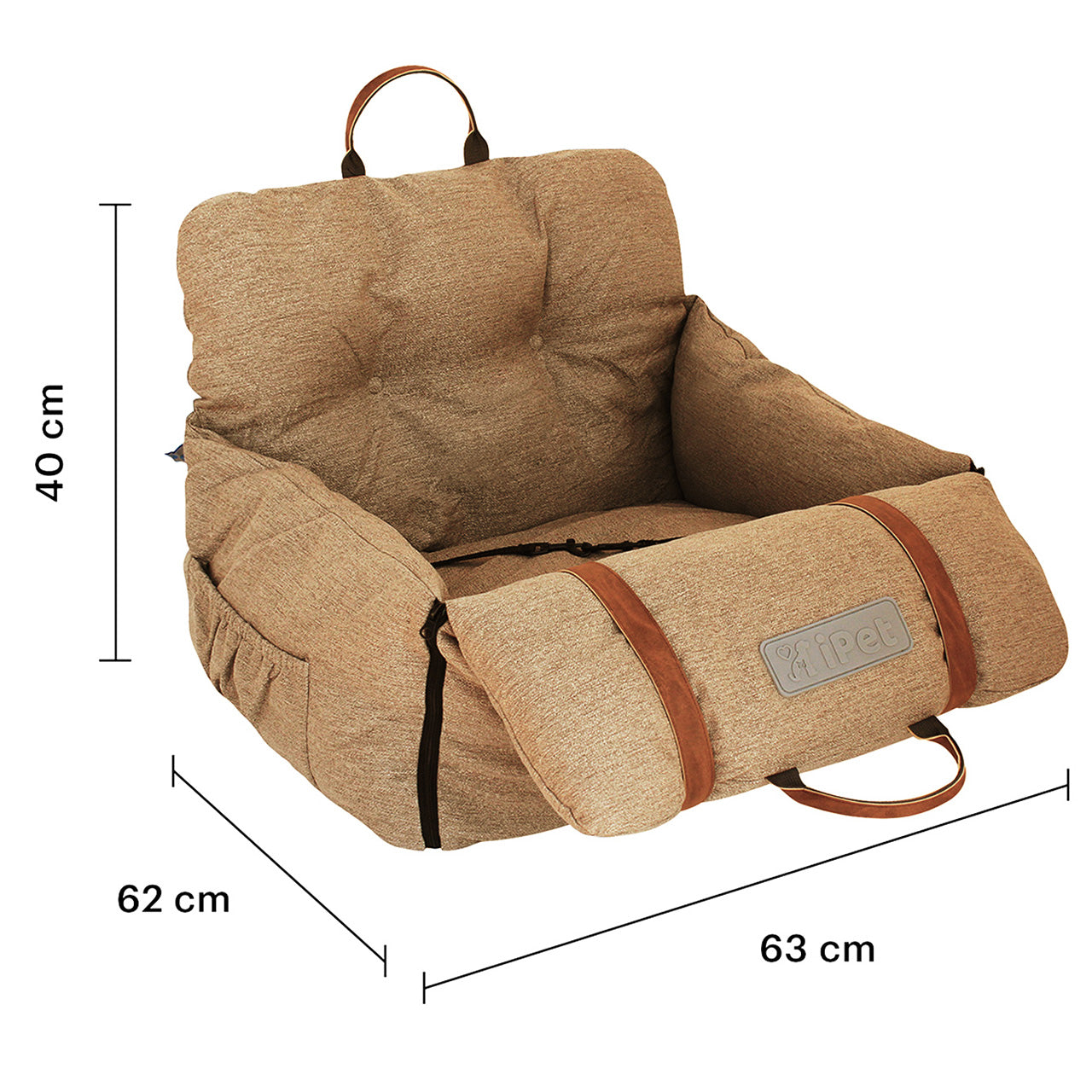 Infografia con las dimensiones del asiento para perro beige y sus correas de ajuste