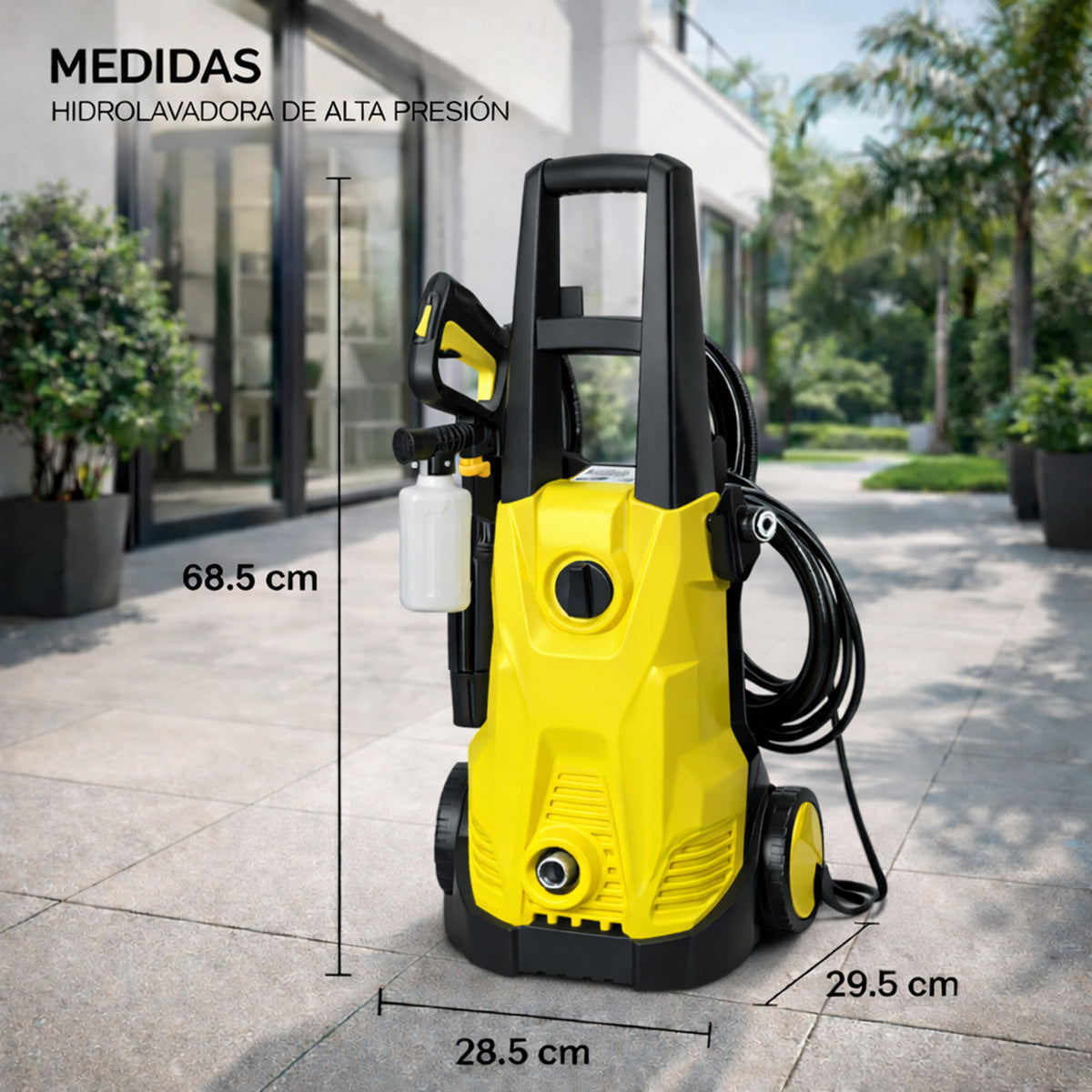 Infografia de dimensiones de la hidrolavadora electrica Lo Necesito mostrando un diseño compacto ideal para almacenamiento en casa