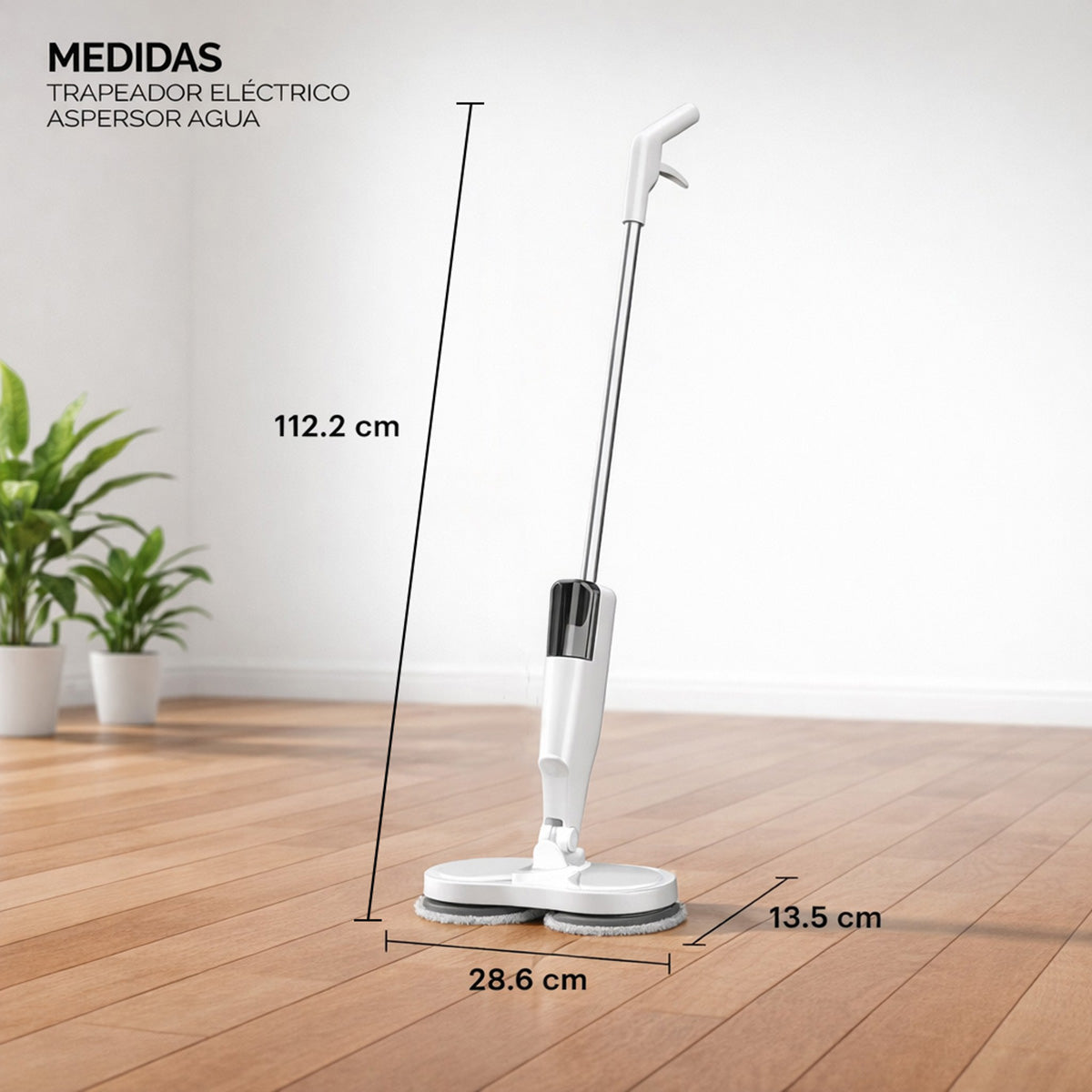 Infografia de dimensiones del trapeador electrico con medidas  y marca Lo Necesito