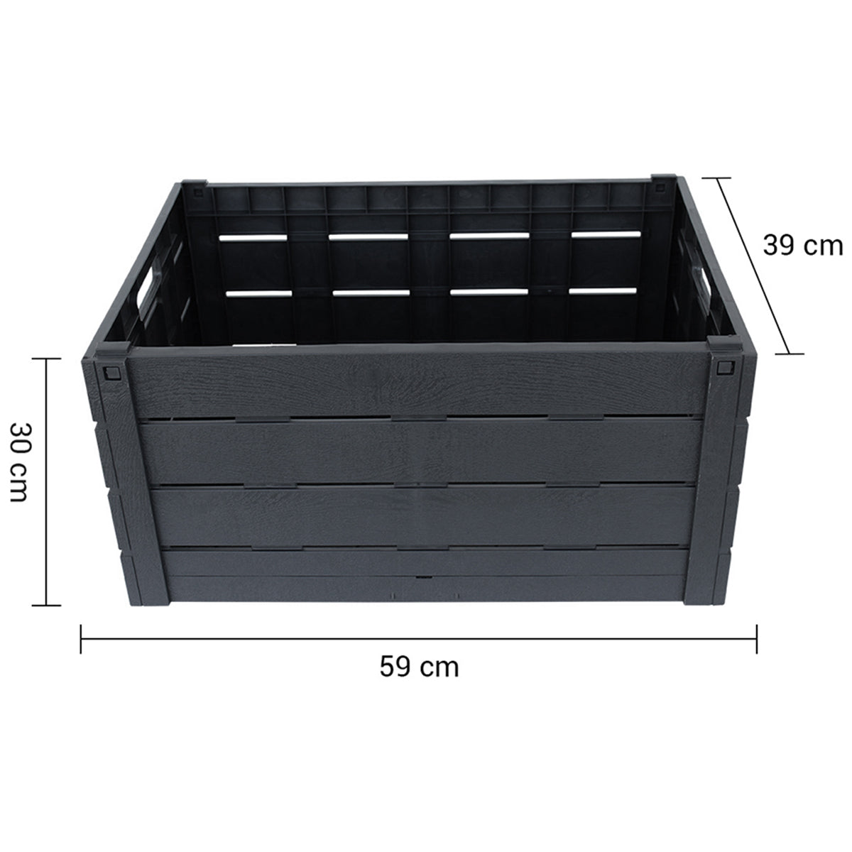 Infografia de la caja huacal grande azul detallando dimensiones de la caja abierta y su grosor cuando esta plegada