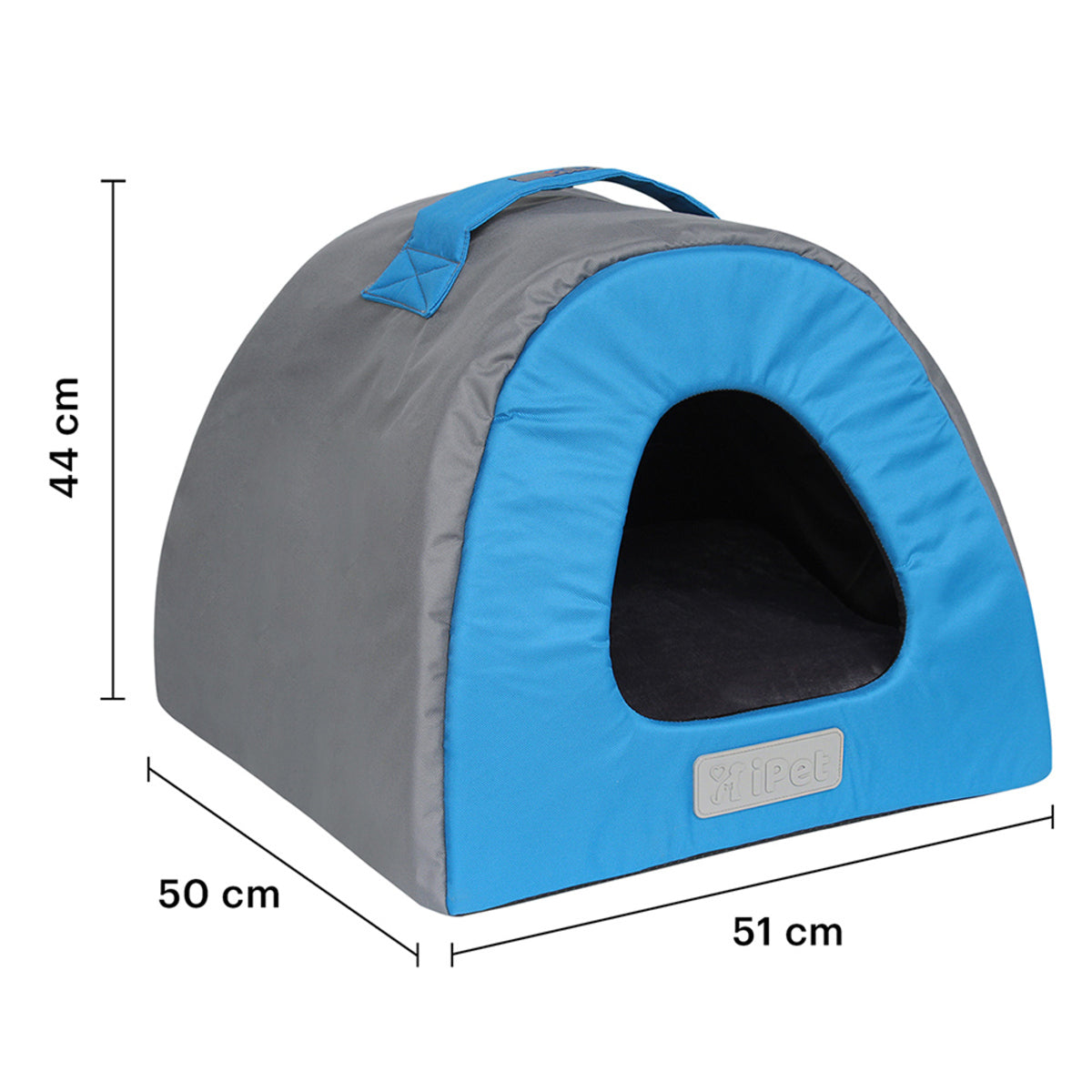 Infografia de la cama iglu azul gris con fondo blanco detallando las dimensiones y medidas de altura y base para mascotas