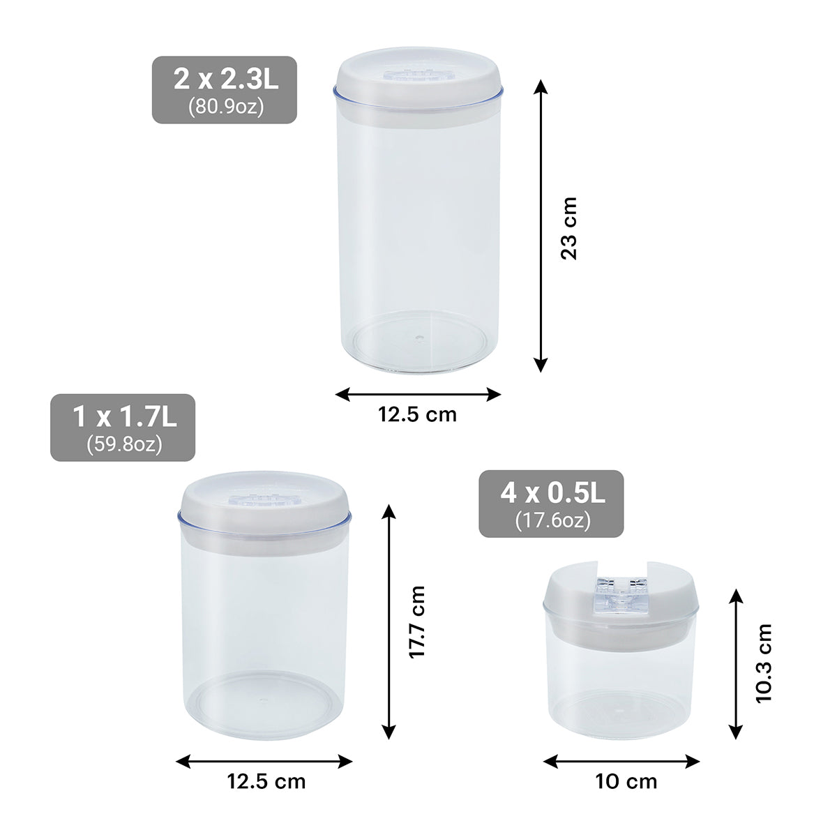 Infografia de los 7 contenedores hermeticos detallando sus capacidades de 2.3L, 1.7L y 0.5L con sus respectivas medidas en centimetros