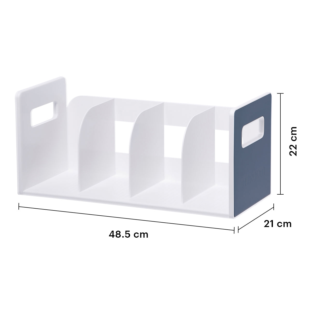 Infografia de medidas del organizador de libros minimalista Litem: 48.5 cm de largo, 22 cm de alto y 21 cm de fondo. El soporte para libros ideal para optimizar el espacio en escritorios de LITEM