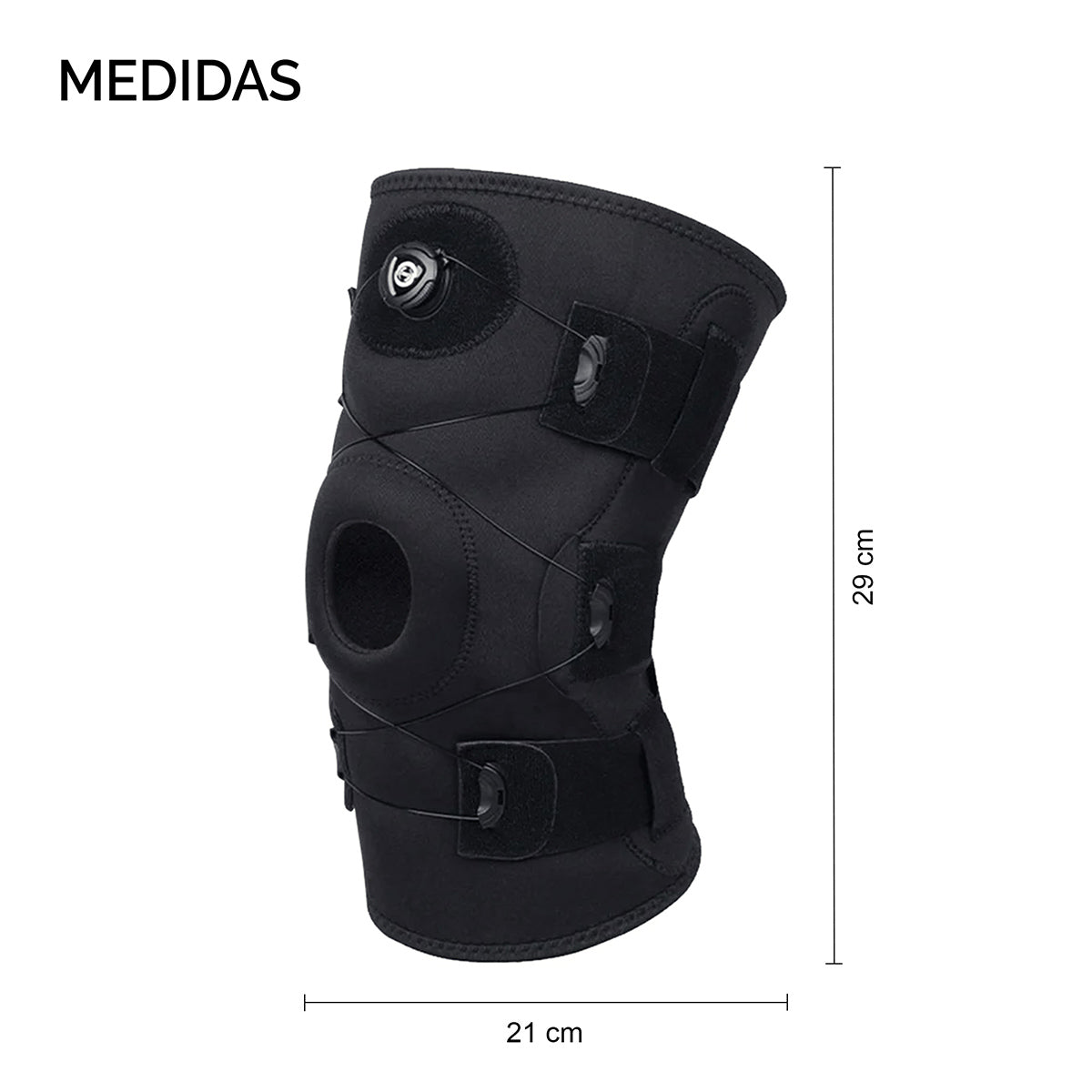 Infografia de rodillera deportiva con detalle de bandas elasticas de ajuste personalizado