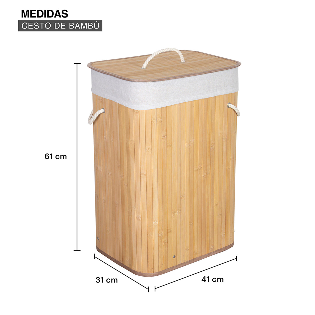 Infografia del cesto plegable detallando sus dimensiones tecnicas 60 cm de alto 40 cm de ancho y 30 cm de fondo