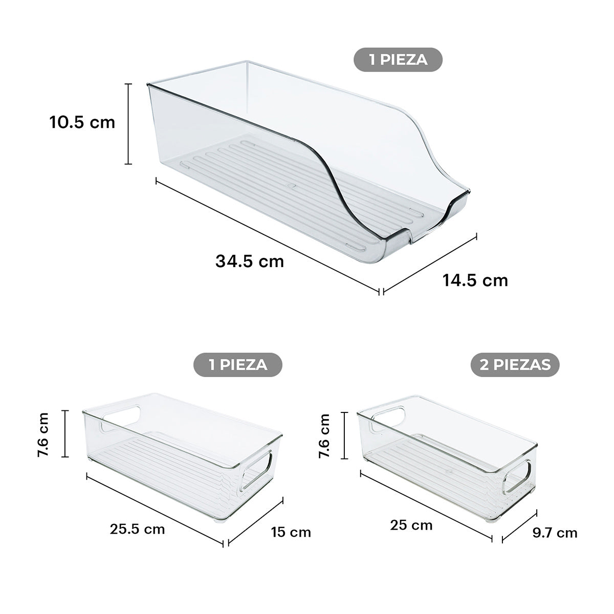 Infografia detallada con las dimensiones de los 4 contenedores de almacenamiento para nevera y hogar