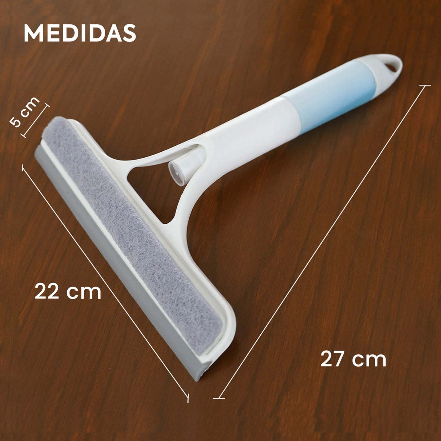 Infografia detallada con las medidas del limpiavidrios con aspersor, destacando su diseño compacto y ergonomico