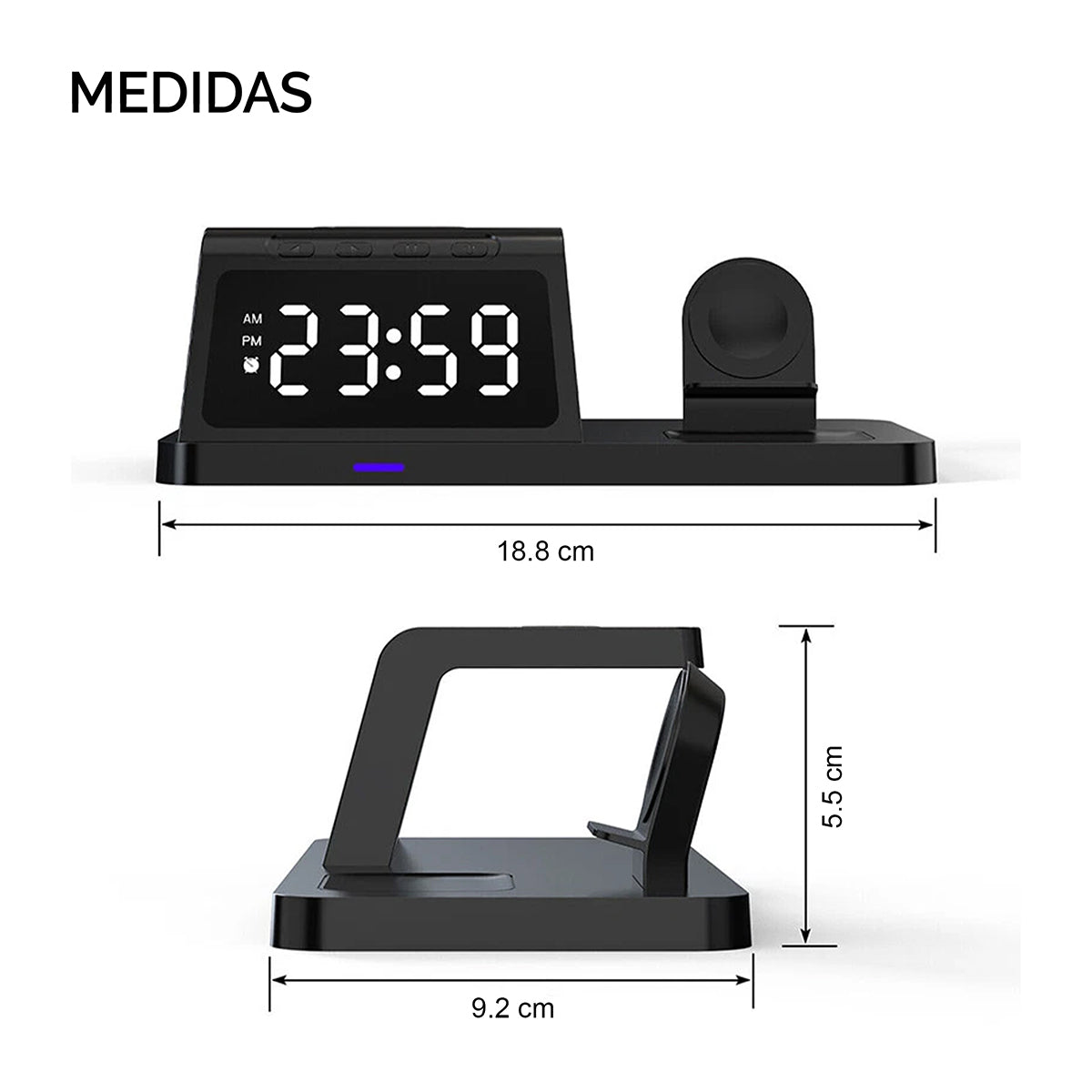 Infografia detallada con las medidas del reloj cargador 18.8 cm de largo, 5.5 cm de ancho y 9.2 cm de alto