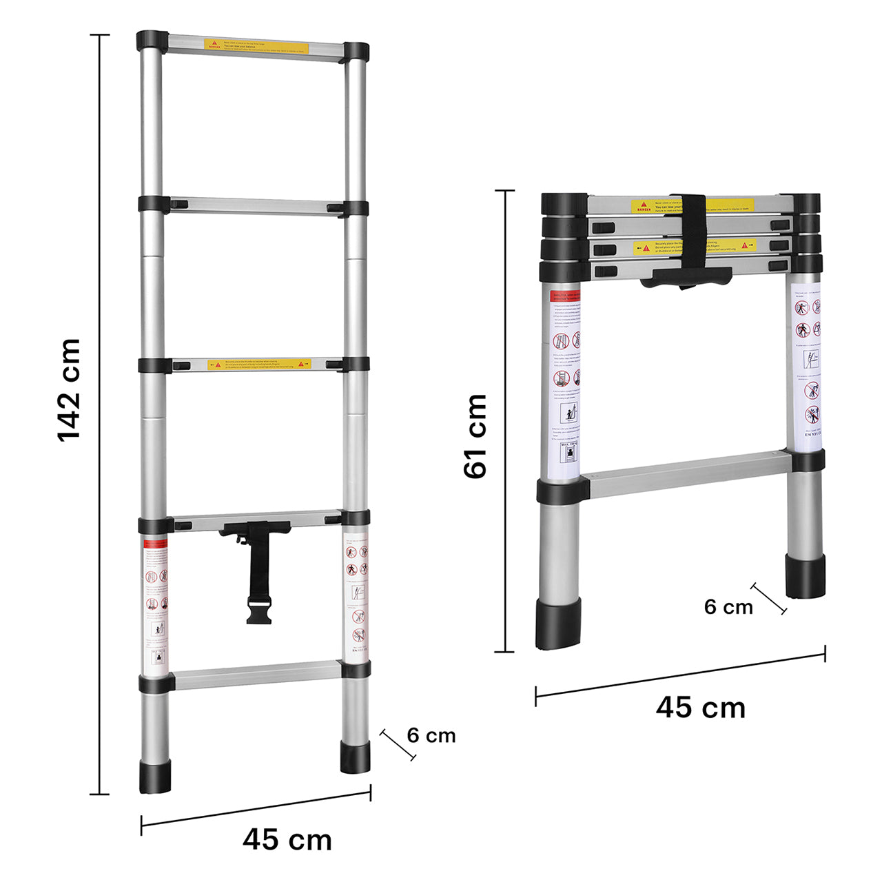 Infografia técnica de la escalera portatil de aluminio mostrando su altura maxima de 1.4 metros y su tamaño compacto al estar plegada