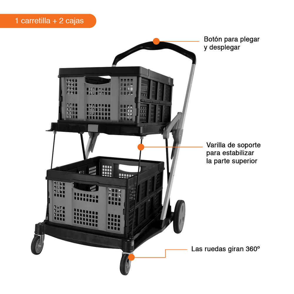 
                      
                        Carrito plegable de 2 niveles para compras y set de 3 contenedores herméticos.
                      
                    