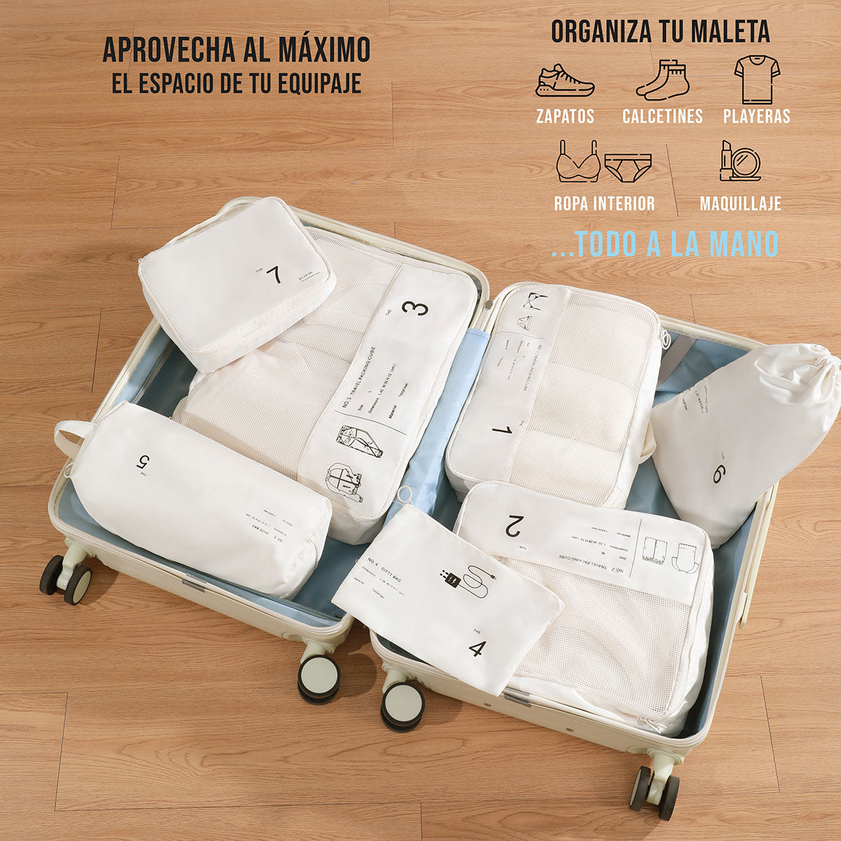 Maleta de viaje familiar organizada con cubos de embalaje XXL de Lo Necesito