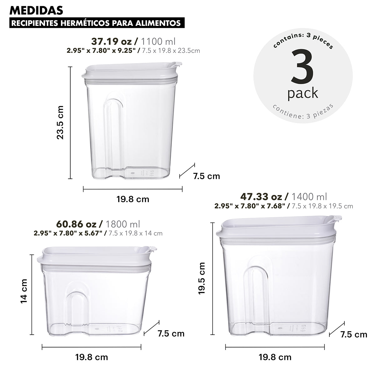 Medidas de contenedores herméticos AG Box de 0.5L 0.8L y 1.2L