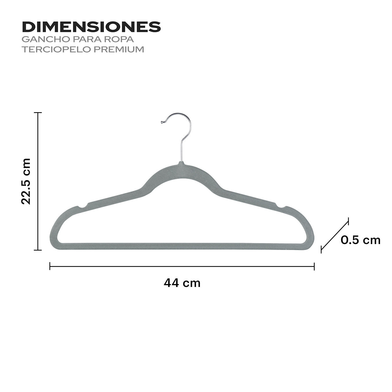 Medidas de las perchas ahorradoras de espacio Lo Necesito de 44 x 22.5 cm con perfil ultra delgado de 0.5 cm