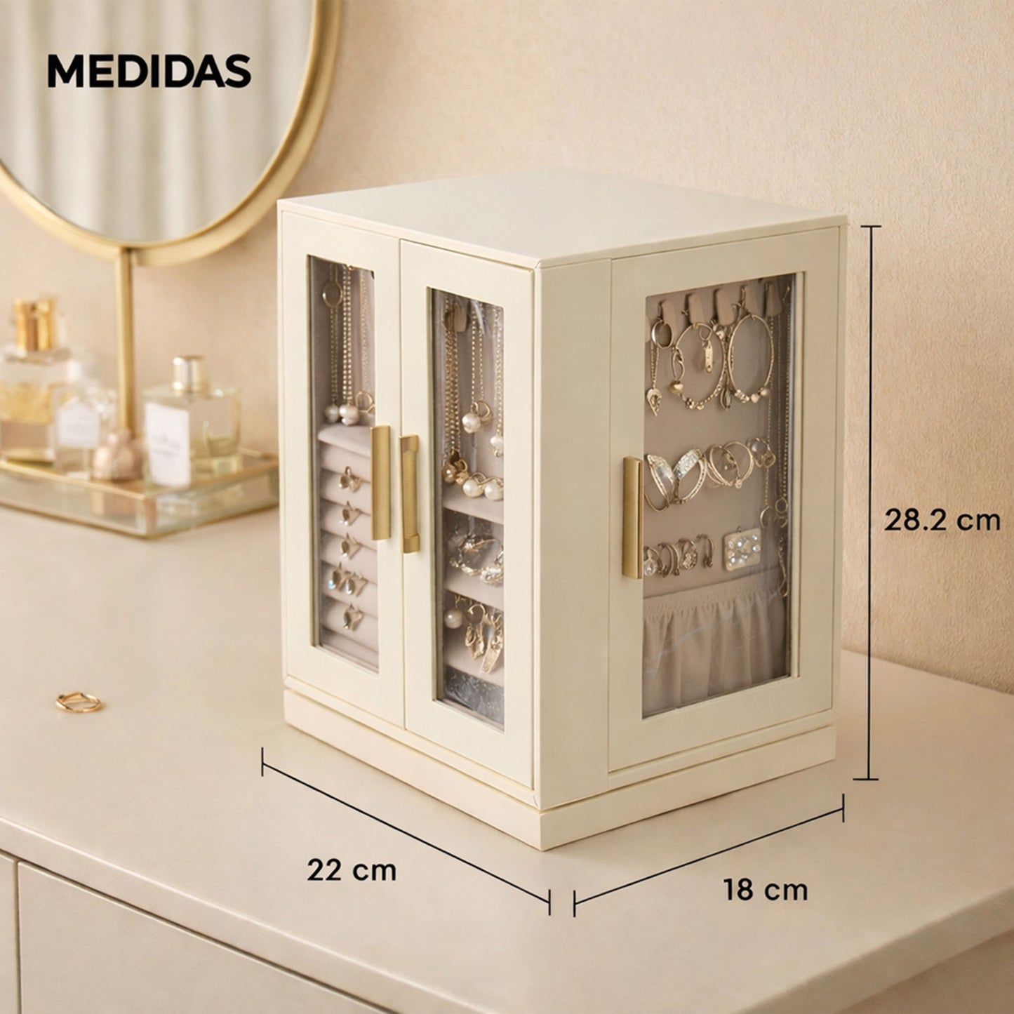 Medidas del joyero alhajero grande 22 x 18 x 28 cm con compartimentos para collares y anillos